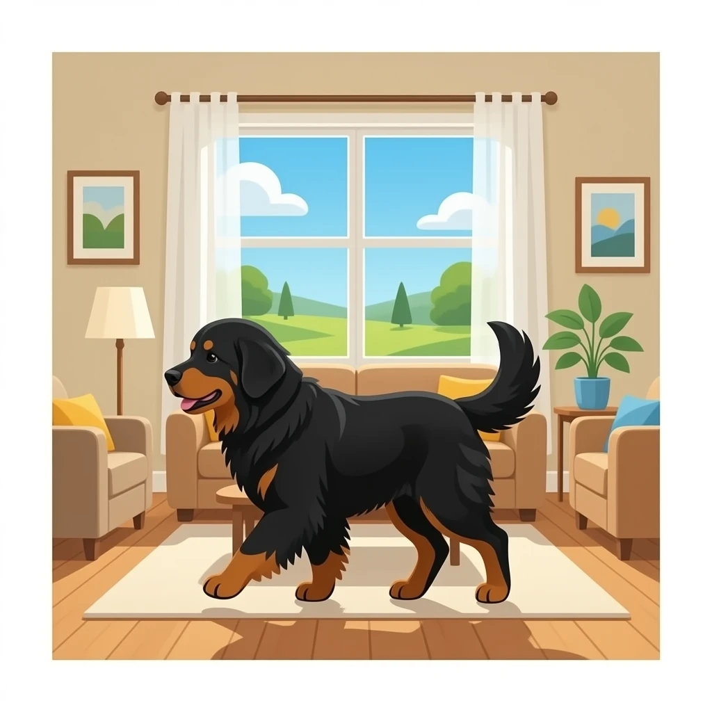 The Newfoundland walks into the bright living room. emoji