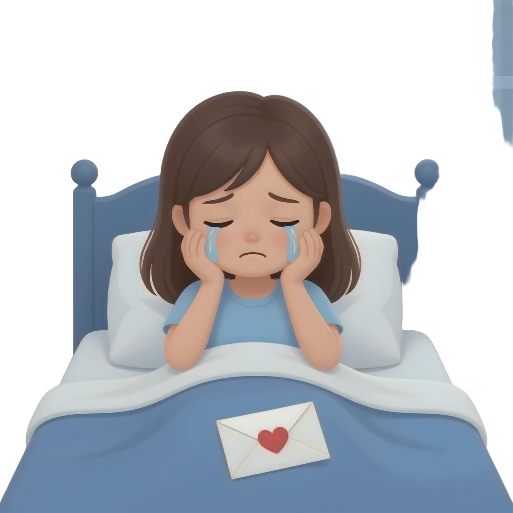 Fille qui pleure seule dans son lit devant une lettre d’amour emoji