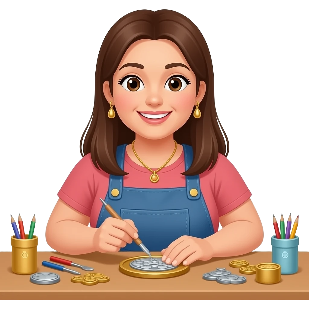 A woman in her 20s with long, straight brown hair; she is slightly overweight, has a cheerful disposition, and is a jewelry maker who works with gold and silver emoji