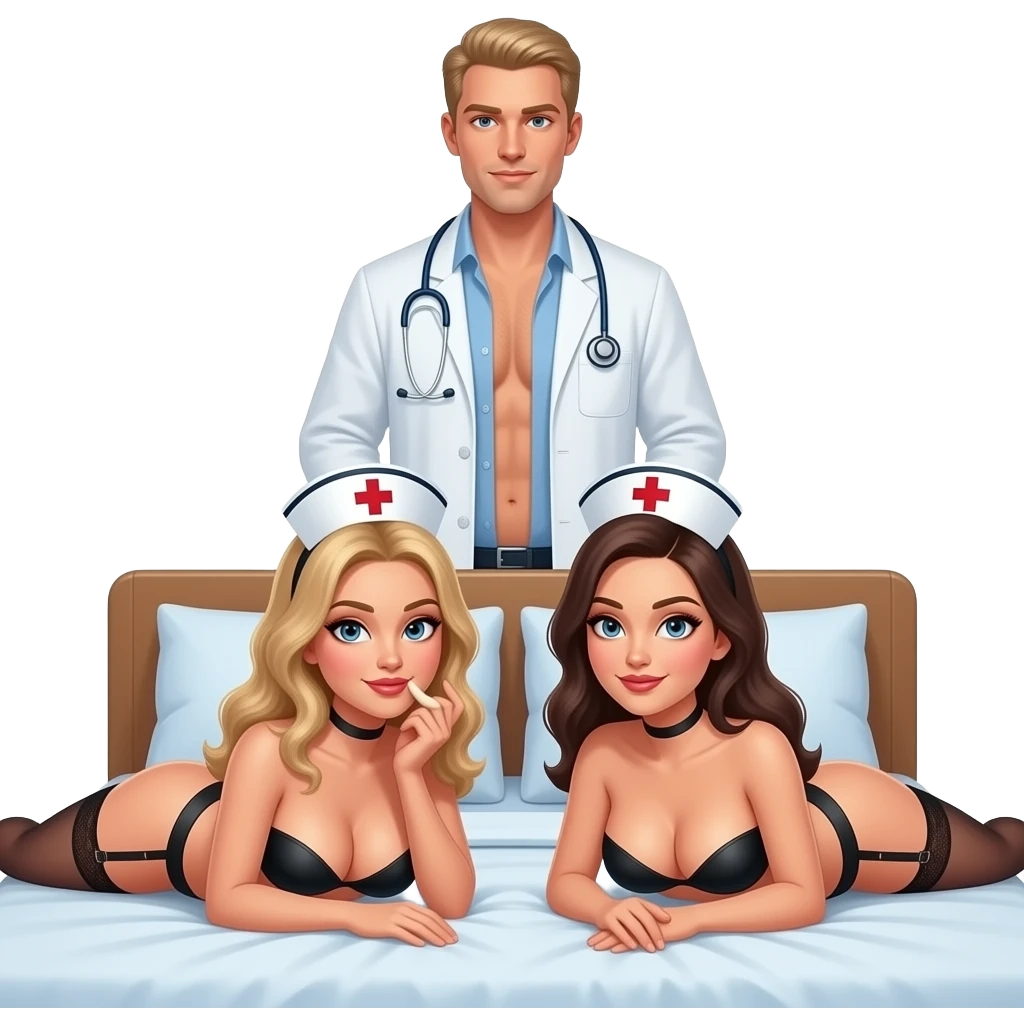 2 nurses with big breasts, slim, both nurses completely naked except for black garter belts, laying doggy style on bed, one nurse has a large dildo in hand, behind them is a tall blond male doctor, also naked with a large erection emoji