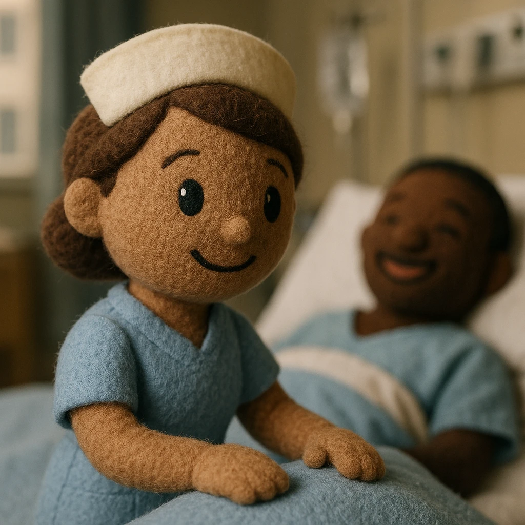 a caring looking nurse in a hospital ward treating a happy black male patient who is lying in a hospital bed following an operation emoji