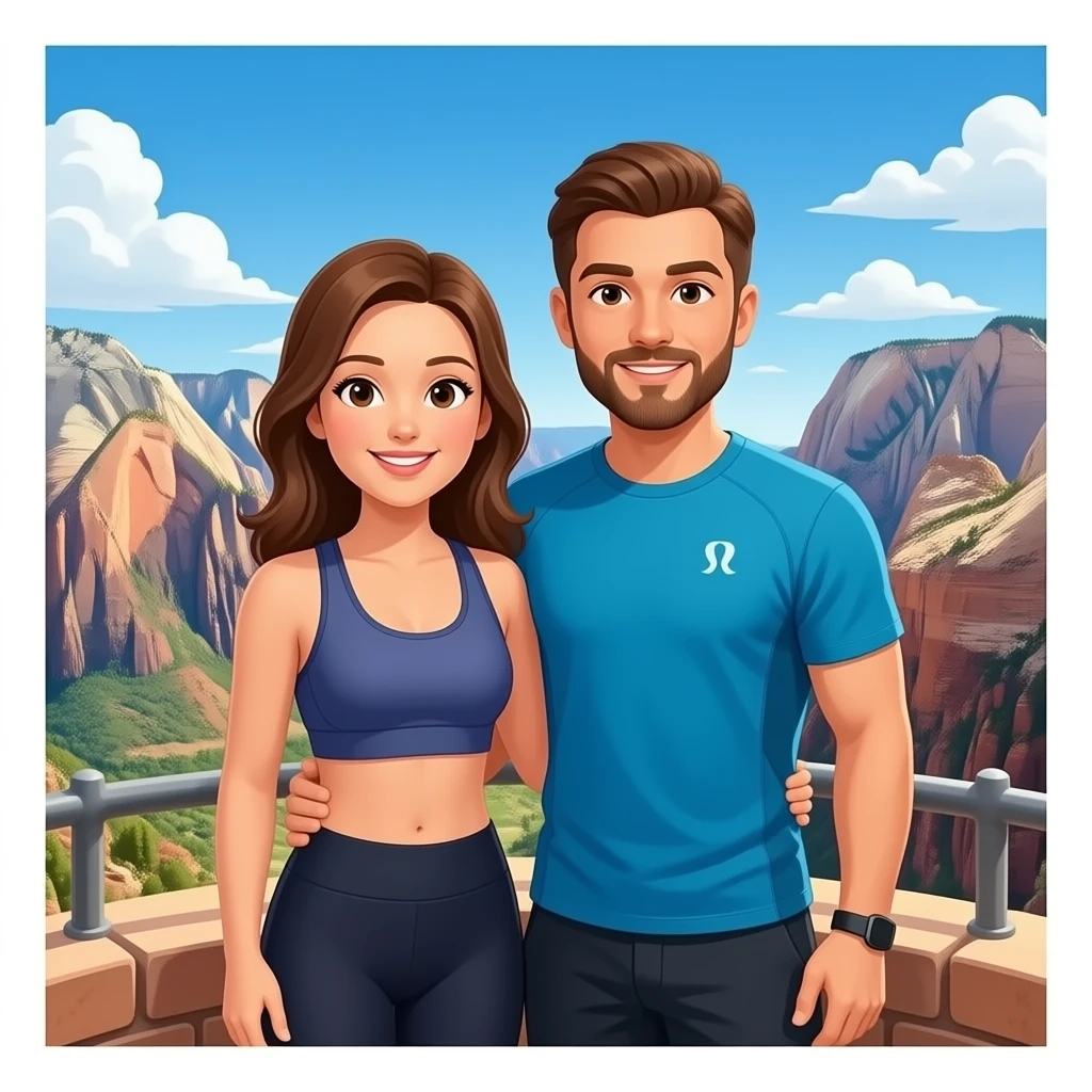 Couple with brown hair in athletic lululemon clothes overlooking Zion park at observation point. Include Zion in the image emoji
