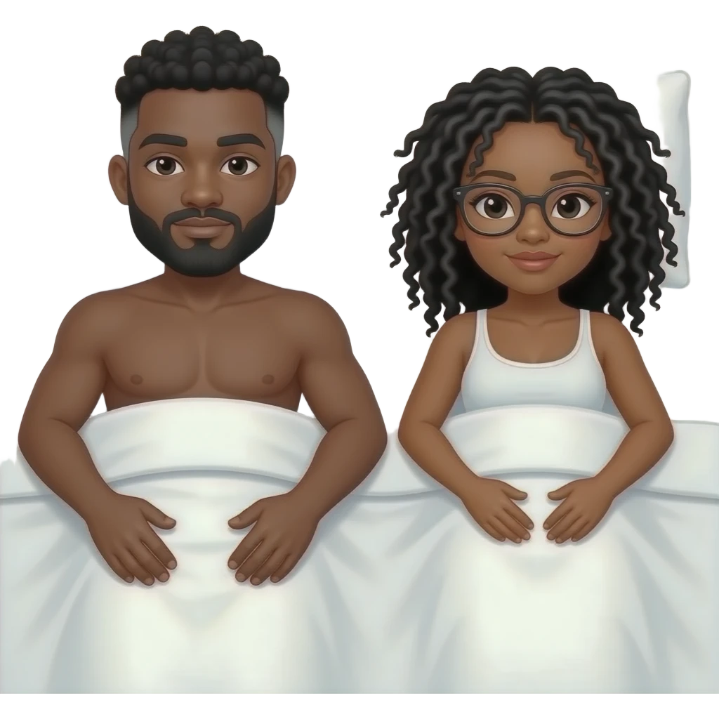 Black couple. Large man with low curly cut and beard with some gray on top of Black woman with black locs (with some gray) and glasses laying down in bed with legs open nude emoji