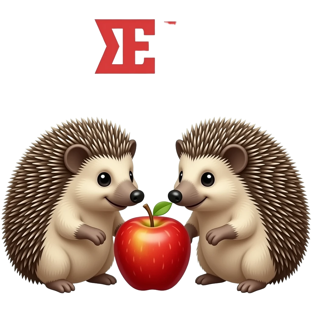 Text above the hedgehogs russian text: "еЖы". Two hedgehogs sniff an apple. Emoji. emoji