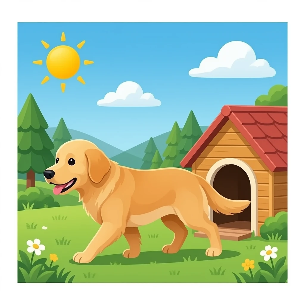 The Golden dog walks into the doghouse. emoji