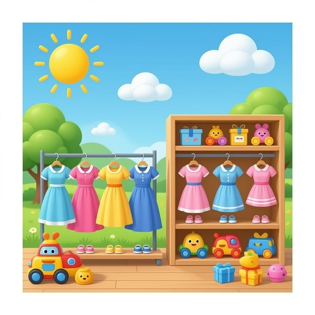 inside the store with dresses and toys in the store emoji