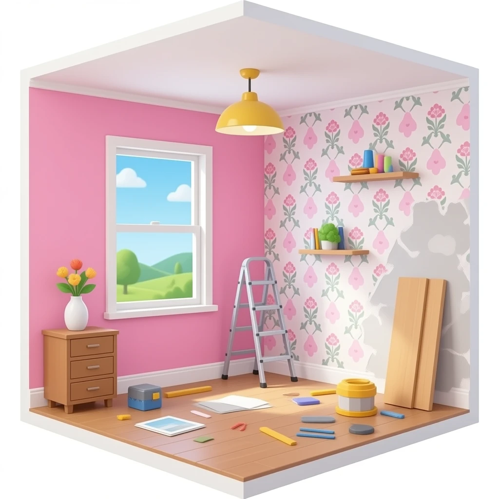 a room with one wall pink. another wall has wallpaper about to be put onto it. construction equipment and decorations around the room emoji