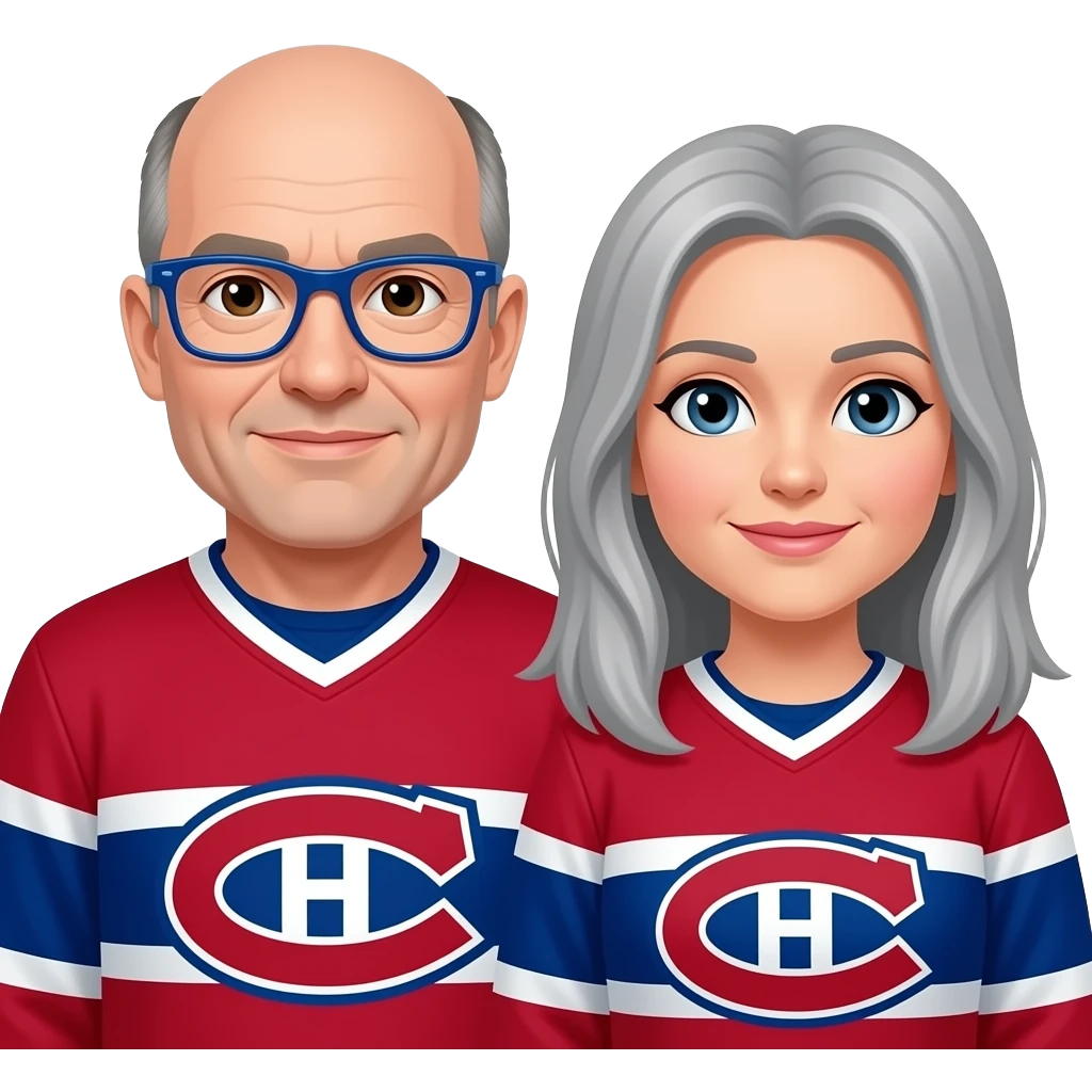 50 year old 180 lbs man, completely Bald, no hair, brown eyes, wearing blue glasses and montreal canadiens jersey with long gray haired woman wearing the same emoji