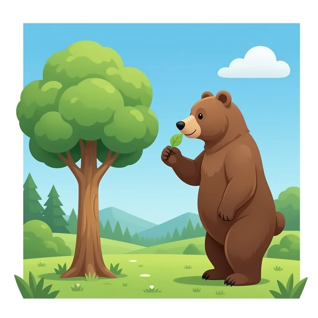 un árbol frondoso con un oso al lado que vemos de lateral sobre dos patas como intenta oler una hoja del árbol. Isolated emoji emoji