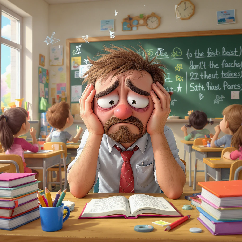 digital 2d cartoon art of a exhausted teacher in a bustling classroom emoji