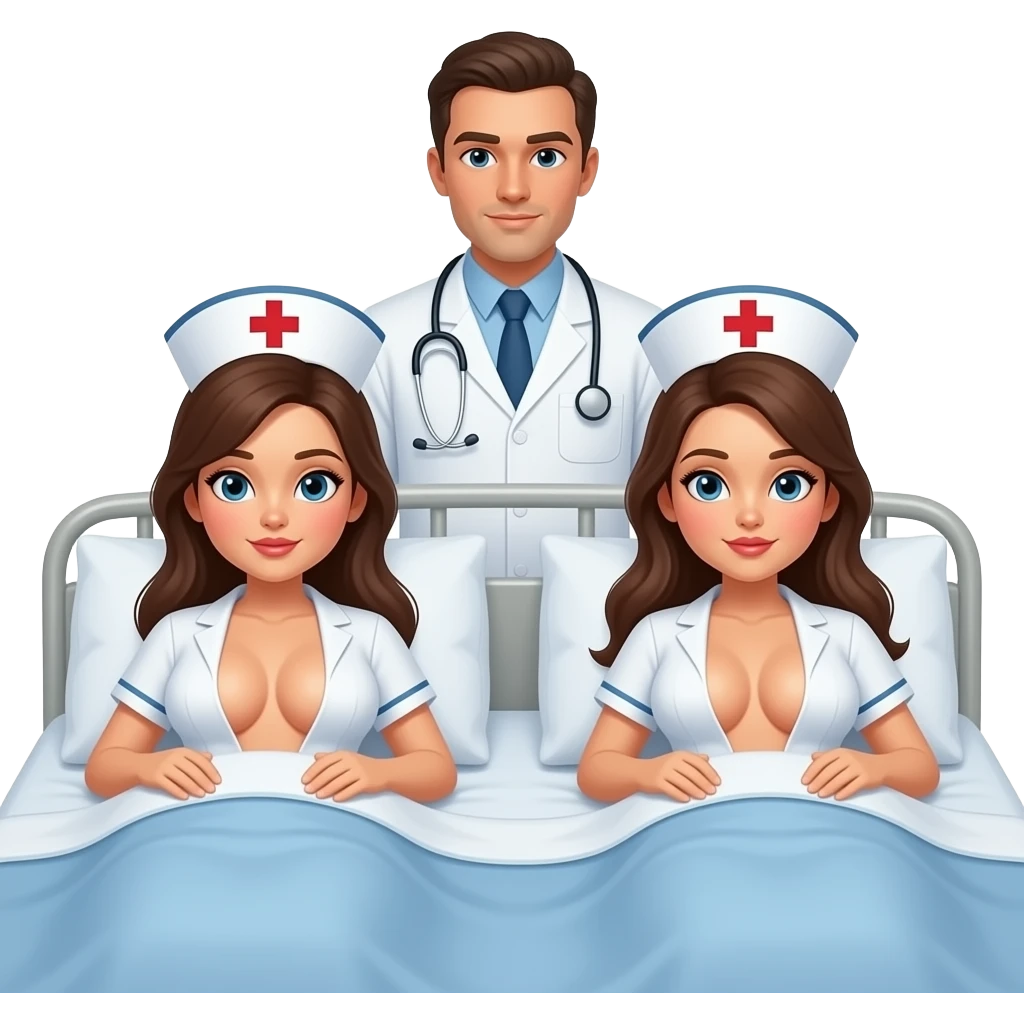 2 completely naked nurses, with very large breast,laying doggy style on a bed, a male doctor standing behind them with a dildo emoji