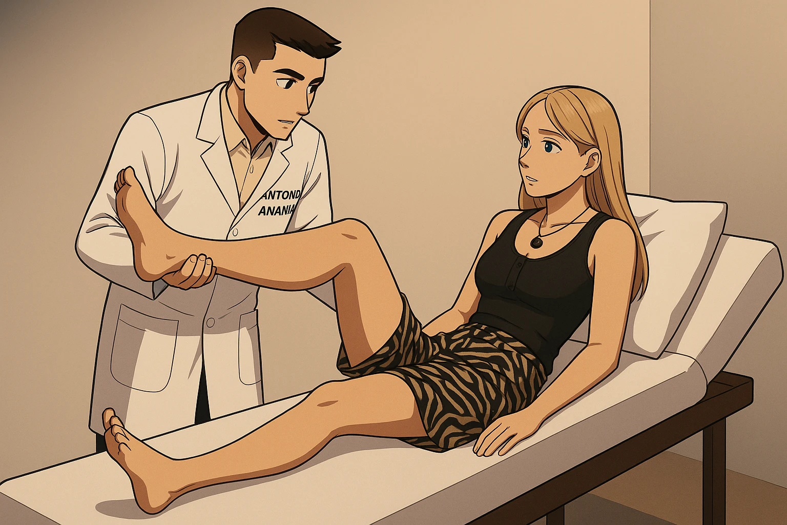 fai un webtoon/manga a colori con questo kinesiologo in camice bianco (fagli la scritta "ANTONIO ANANIA" SUL CAMICE) CHE SVOLGE UN TEST NEUROMUSCOLARE SOLLEVANDO UNA GAMBA ALLA RAGAZZA CHE è STESA SU UN LETTINO BIANCO. STANZA SEMPLICE E MODERNA, DURANTE IL TEST I DUE DIALOGANO TRA LORO. NON FARE I FUMETTI, FAI SOLO LORO COME SE DIALOGASSERO emoji