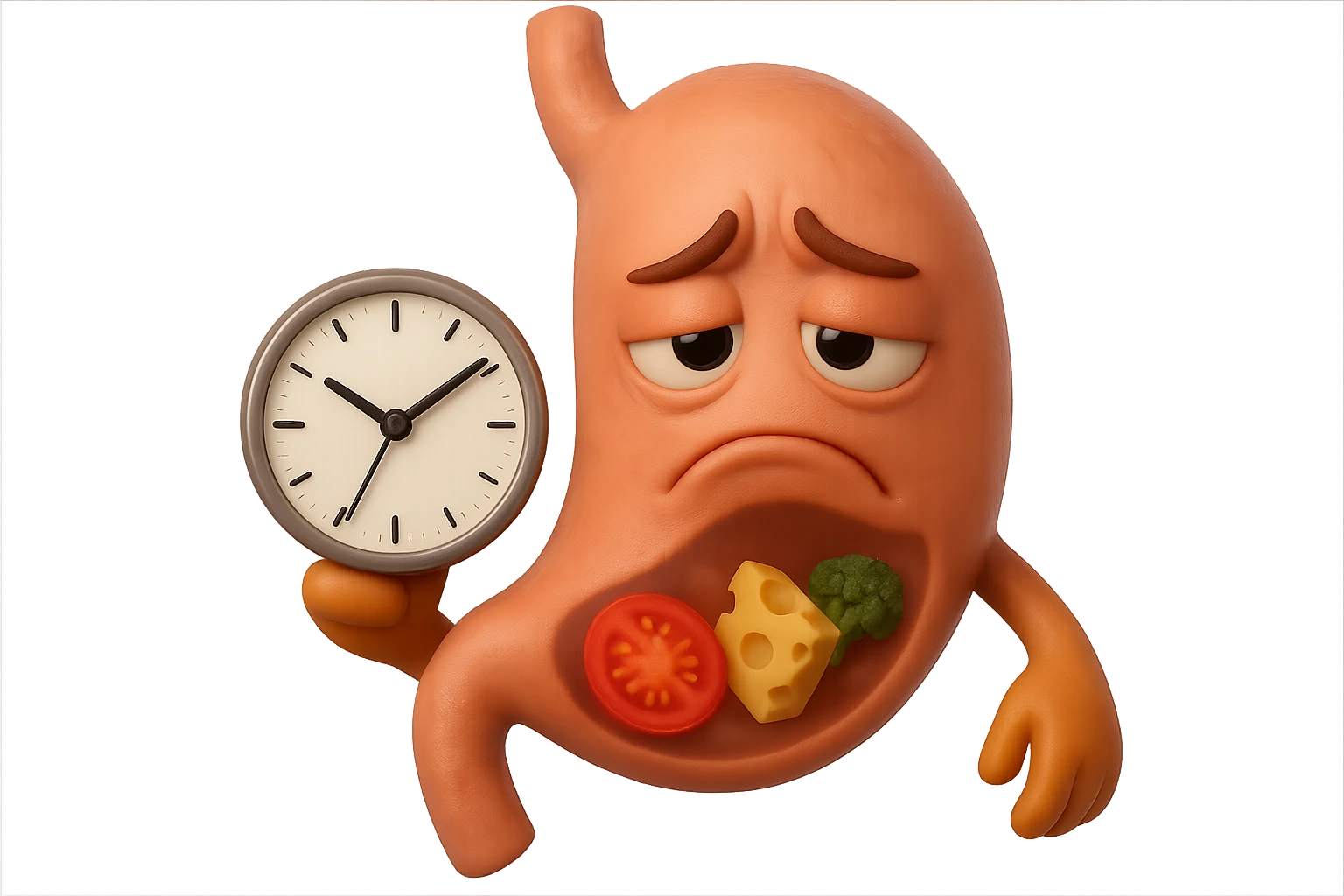 EMOJI STILE IPHONE 3D DI UNo stomaco umano con espressione dolornate, ha del cibo visibile dentro che non sta digerendo. in mano tiene un orologio da muro, iperrealistico 4k emoji