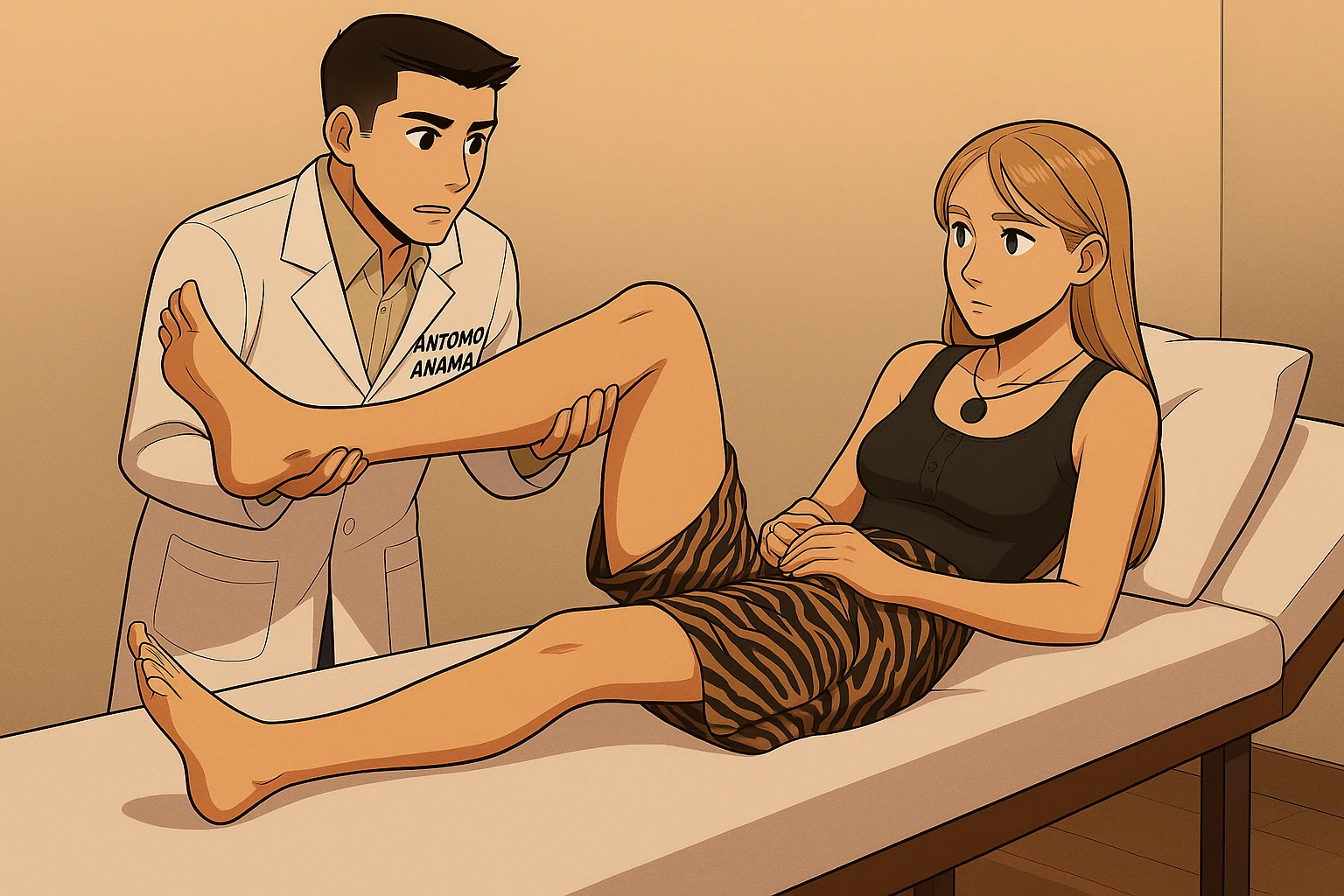 fai un webtoon/manga a colori con questo kinesiologo in camice bianco (fagli la scritta "ANTONIO ANANIA" SUL CAMICE) CHE SVOLGE UN TEST NEUROMUSCOLARE SOLLEVANDO UNA GAMBA ALLA RAGAZZA CHE è STESA SU UN LETTINO BIANCO. STANZA SEMPLICE E MODERNA, DURANTE IL TEST I DUE DIALOGANO TRA LORO. NON FARE I FUMETTI, FAI SOLO LORO COME SE DIALOGASSERO emoji
