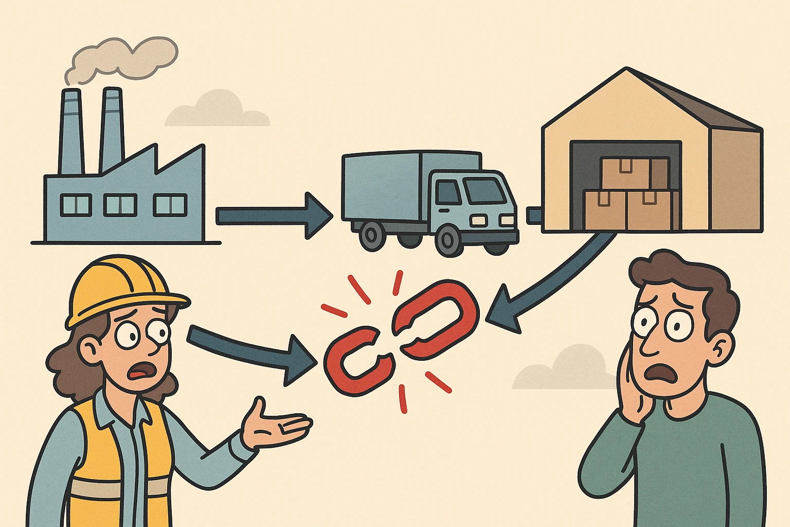 A supply chain with a broken link highlighted in red emoji