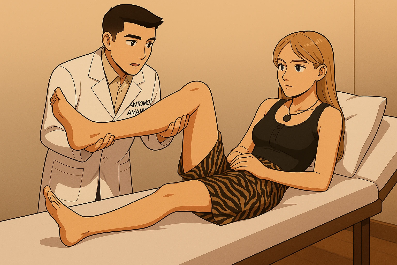 fai un webtoon/manga a colori con questo kinesiologo in camice bianco (fagli la scritta "ANTONIO ANANIA" SUL CAMICE) CHE SVOLGE UN TEST NEUROMUSCOLARE SOLLEVANDO UNA GAMBA ALLA RAGAZZA CHE è STESA SU UN LETTINO BIANCO. STANZA SEMPLICE E MODERNA, DURANTE IL TEST I DUE DIALOGANO TRA LORO. NON FARE I FUMETTI, FAI SOLO LORO COME SE DIALOGASSERO emoji