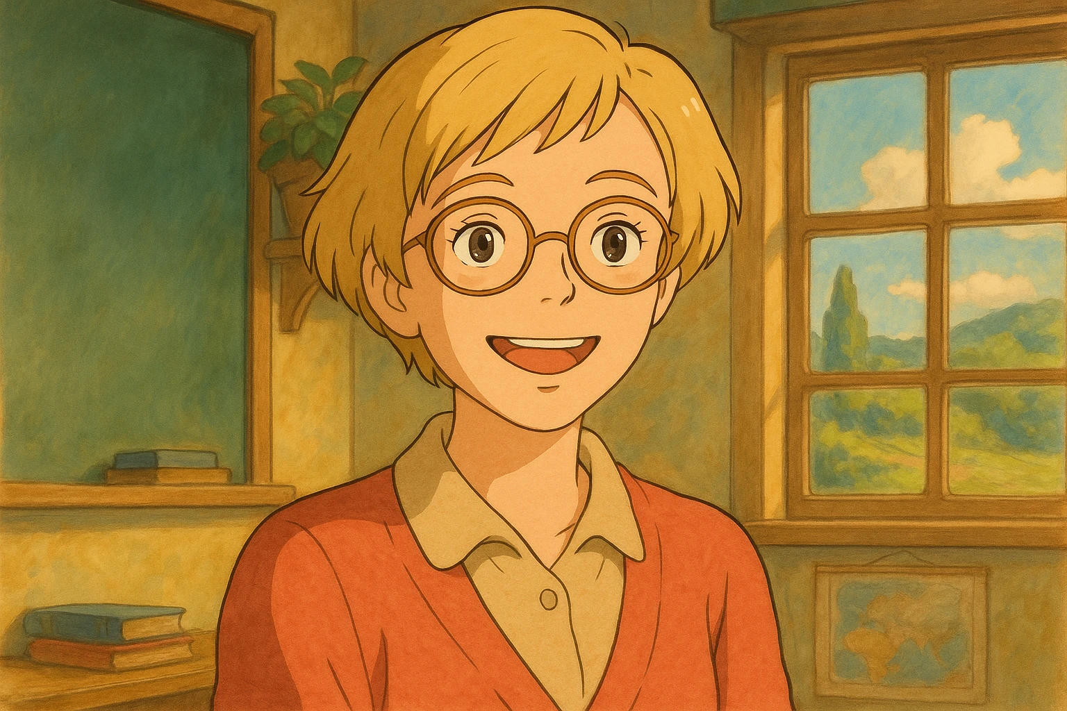 Retrato de profesora rubia, pelo corto, gafas redondas, muy sonriente, estilo ghibli emoji
