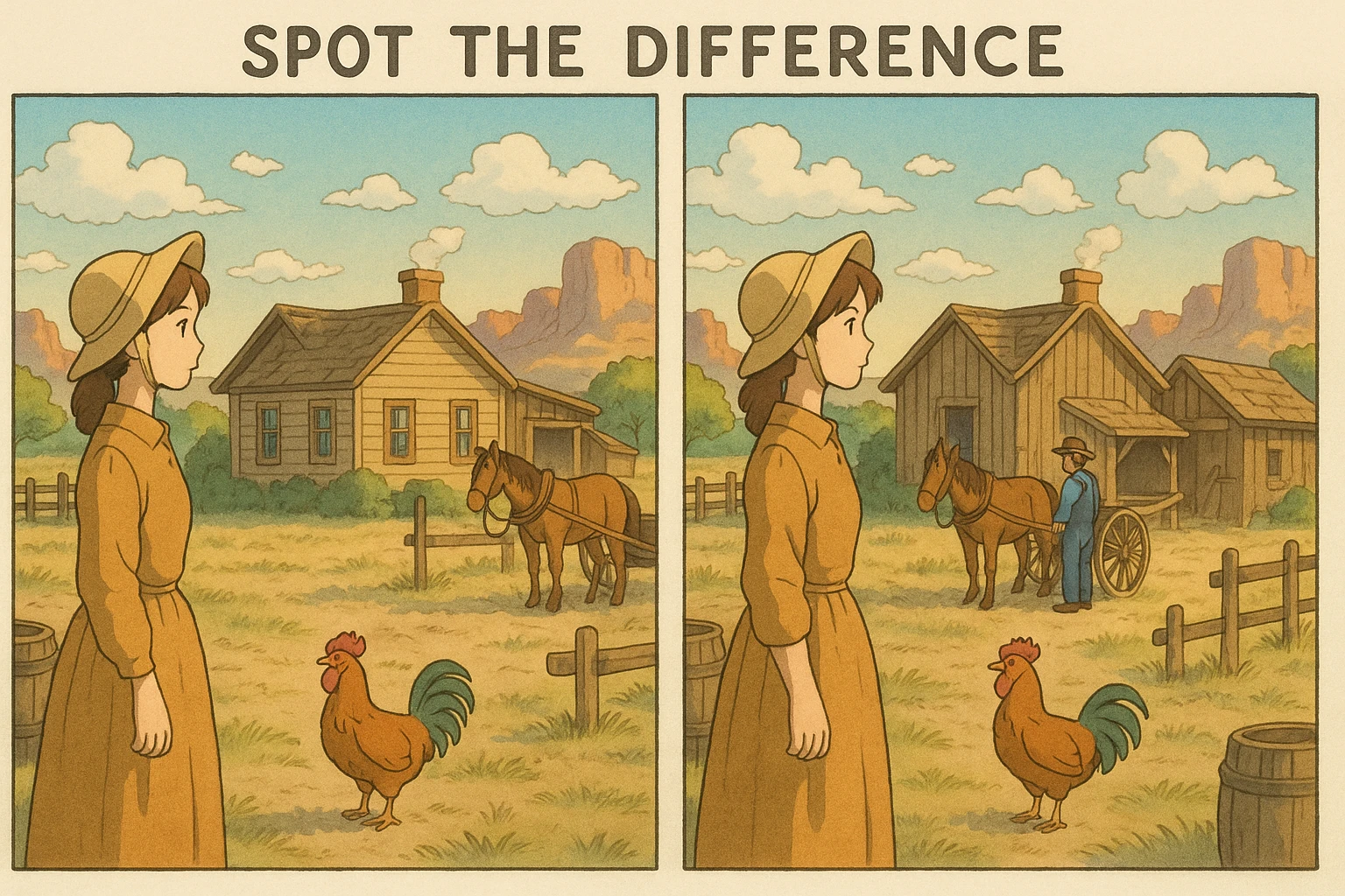 Make me a spot the difference image with 7 differences.  The theme is an American West homestead emoji