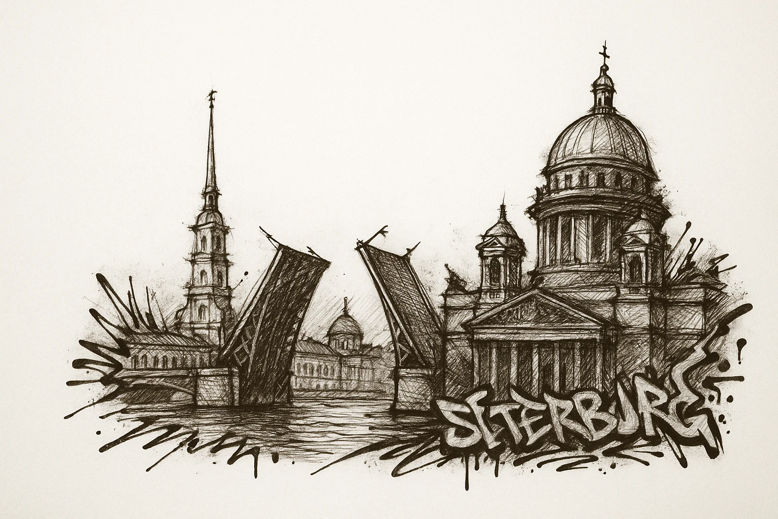 Сделай png рисунок Санкт-Петербурга в стиле граффити. Граффити черно-белое. Надписи не делай.  Рисовка в стиле Да Винчи. emoji