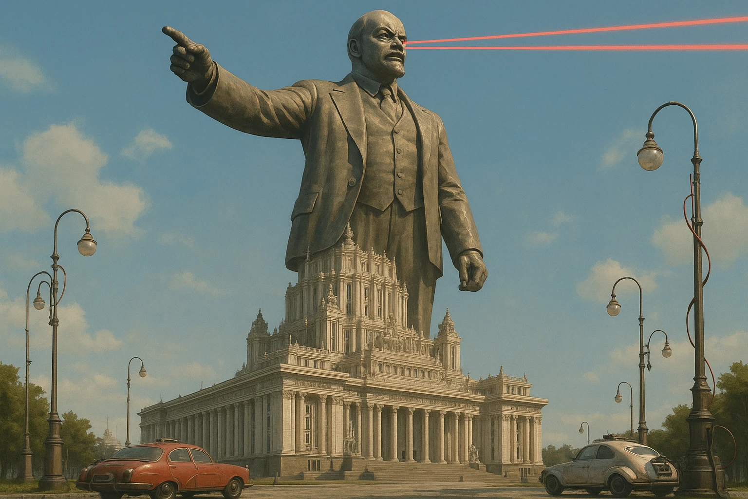 Дворец Советов реалистичный, как на фото. В стиле Atomic Heart, ретрокиберпанк. Упор на 100-метровую фигуру Ленина, у которой из глаз прожекторы лазерные. Светло, день emoji