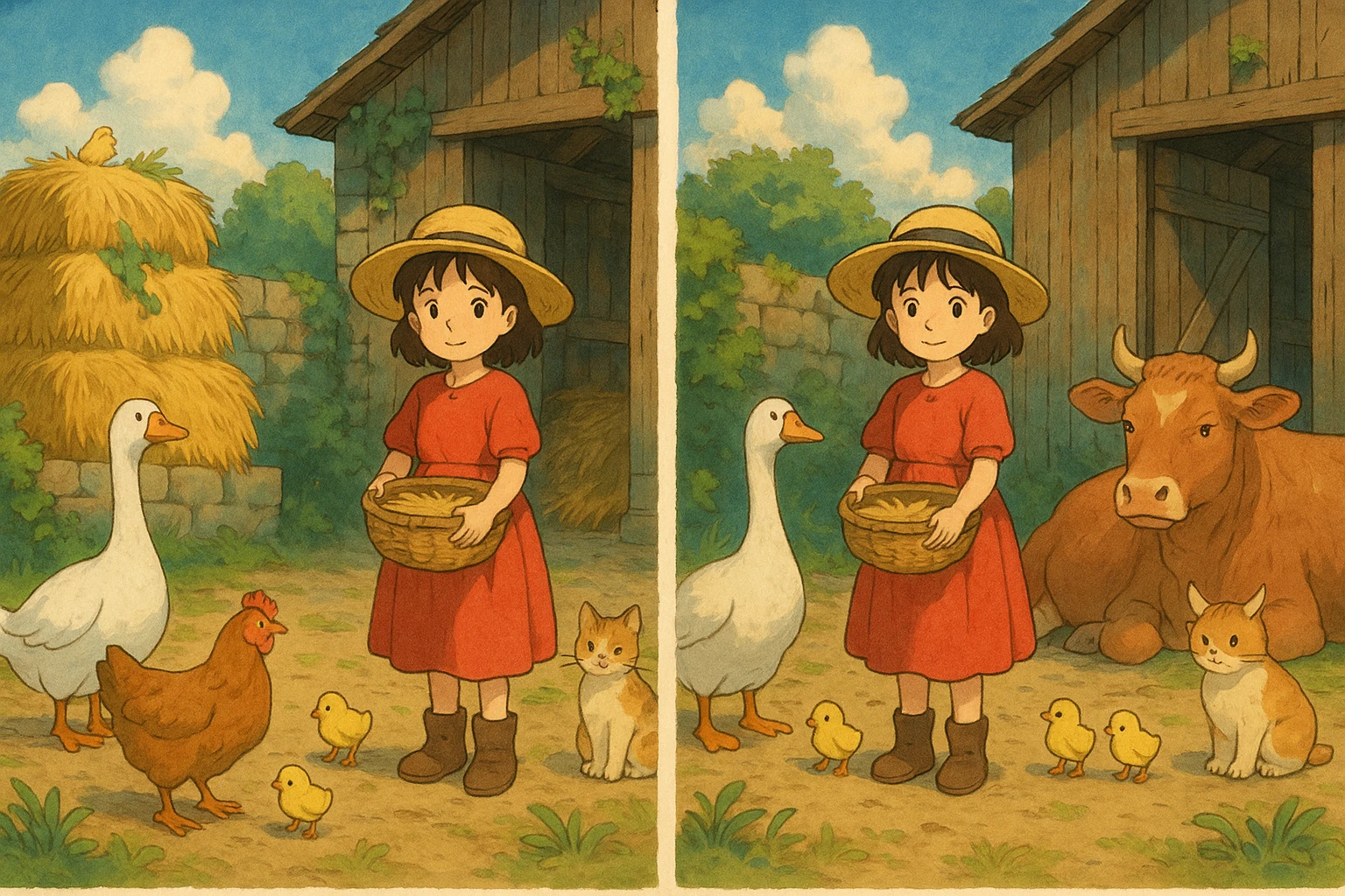 Make me a spot the difference image with 5 differences.  The theme is a farmyard emoji
