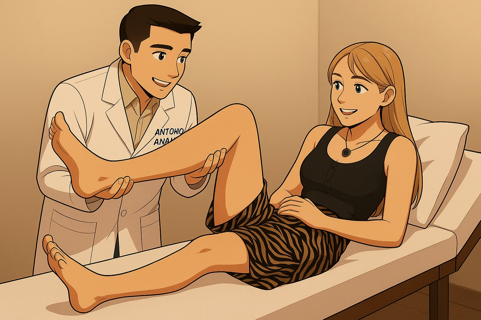 fai un webtoon/manga a colori con questo kinesiologo in camice bianco (fagli la scritta "ANTONIO ANANIA" SUL CAMICE) CHE SVOLGE UN TEST NEUROMUSCOLARE SOLLEVANDO UNA GAMBA ALLA RAGAZZA CHE è STESA SU UN LETTINO BIANCO. STANZA SEMPLICE E MODERNA, DURANTE IL TEST I DUE DIALOGANO TRA LORO. NON FARE I FUMETTI, FAI SOLO LORO COME SE DIALOGASSERO emoji