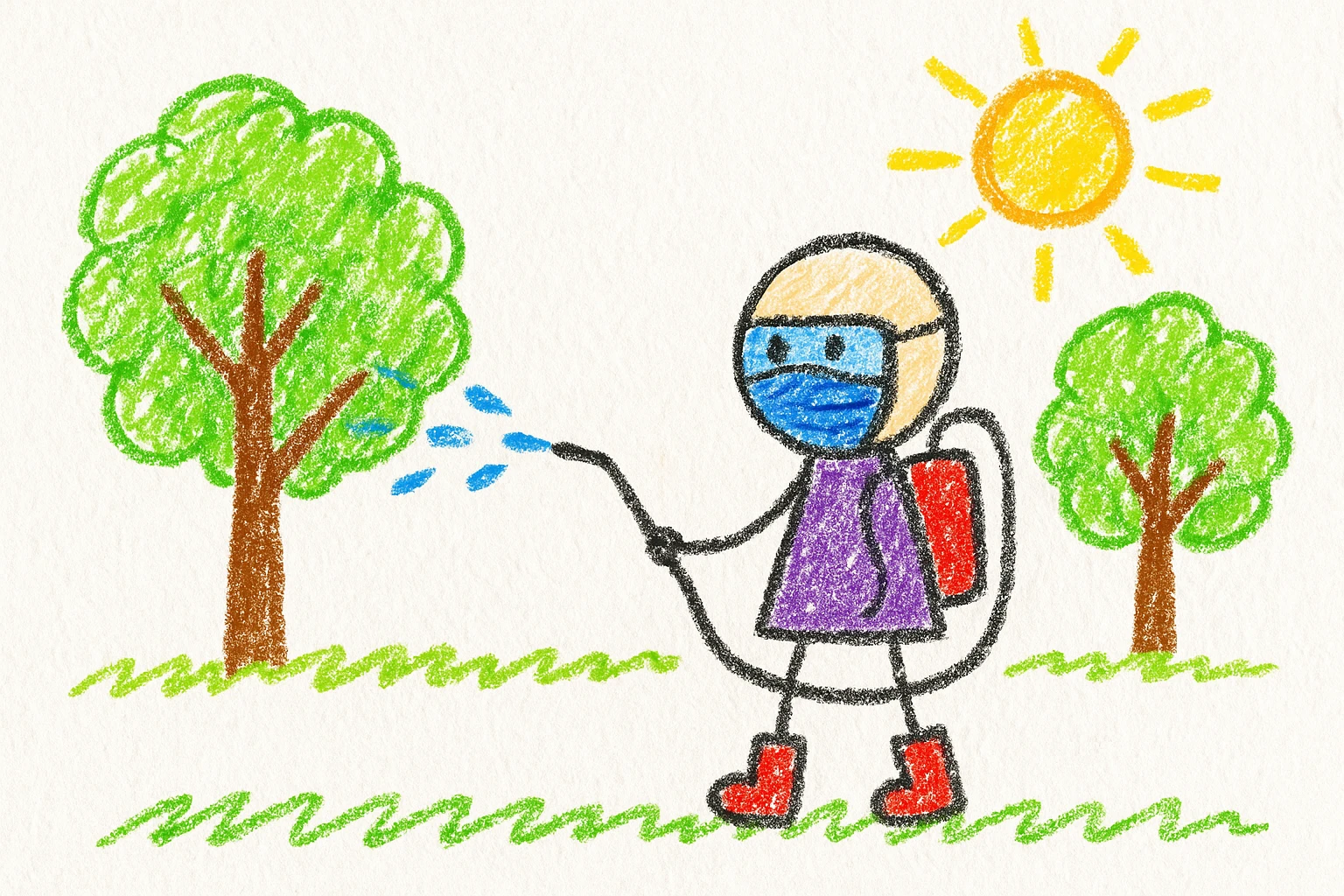 A gardener in protective suit and mask spraying a tree with a sprayer, performing chemical pest control. Bright green garden with trees, visible spray droplets, atmosphere of professional plant protection and garden care emoji