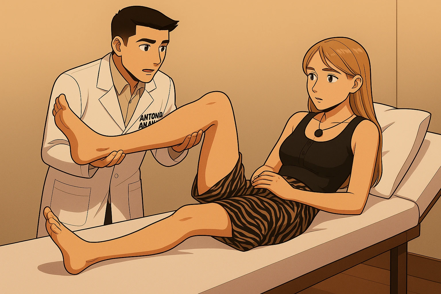 fai un webtoon/manga a colori con questo kinesiologo in camice bianco (fagli la scritta "ANTONIO ANANIA" SUL CAMICE) CHE SVOLGE UN TEST NEUROMUSCOLARE SOLLEVANDO UNA GAMBA ALLA RAGAZZA CHE è STESA SU UN LETTINO BIANCO. STANZA SEMPLICE E MODERNA, DURANTE IL TEST I DUE DIALOGANO TRA LORO. NON FARE I FUMETTI, FAI SOLO LORO COME SE DIALOGASSERO emoji