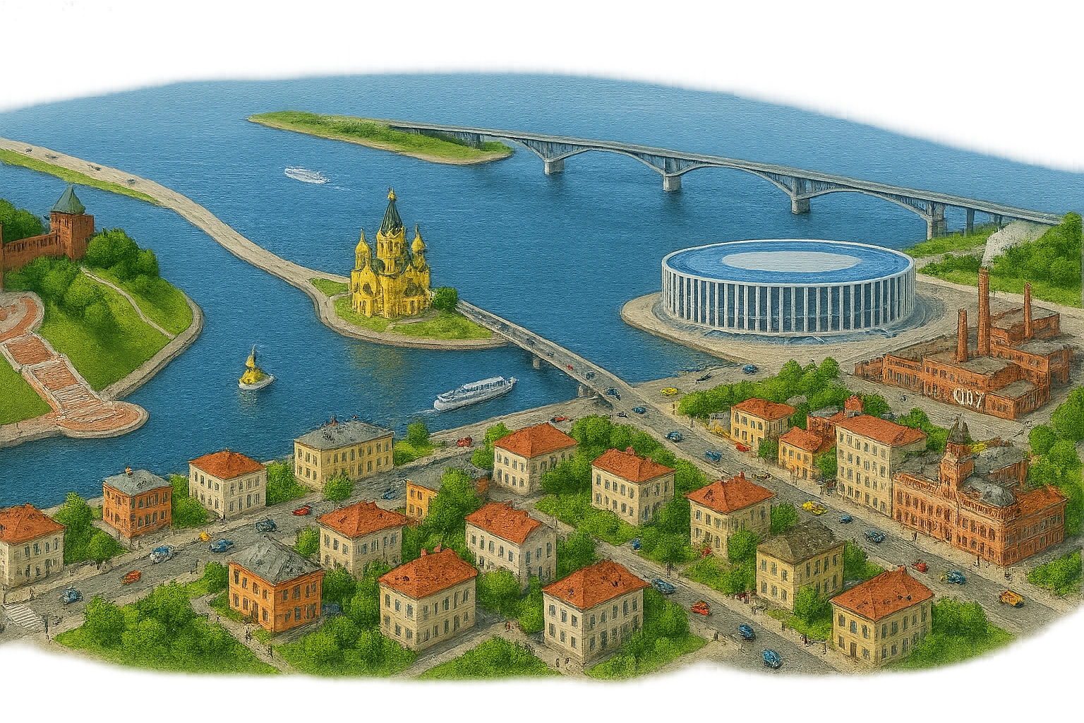 Изометричная миниатюрная фотореалистичная 3D модель панорамы Нижнего Новгорода - Нижегородский Кремль, Стрелка между Окой и Волгой, стадион Нижний Новгород, ГАЗ, Чкаловская лестница, Борский Мост через Волгу, Нижегородская ярмарка, нижегородские дома, автотранспорт четкие линии, яркие цвета, люди, компактная композиция, вид сверху в изометрии, прозрачный фон emoji