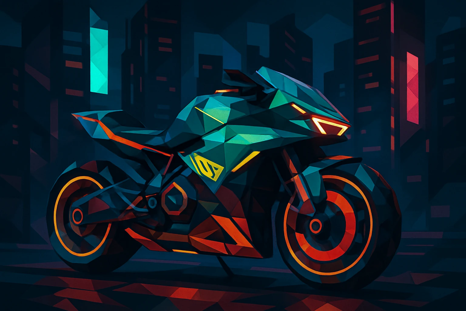 cyberpunk 2077 motorcycle, angular shapes, neon accents, city background emoji