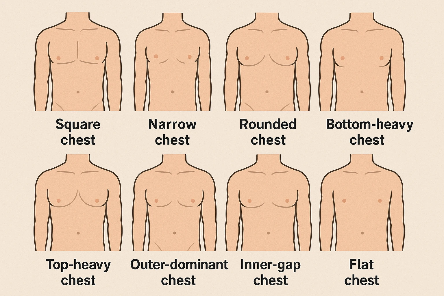 Make image of types of male chest shapes, few examples: Square chest ...