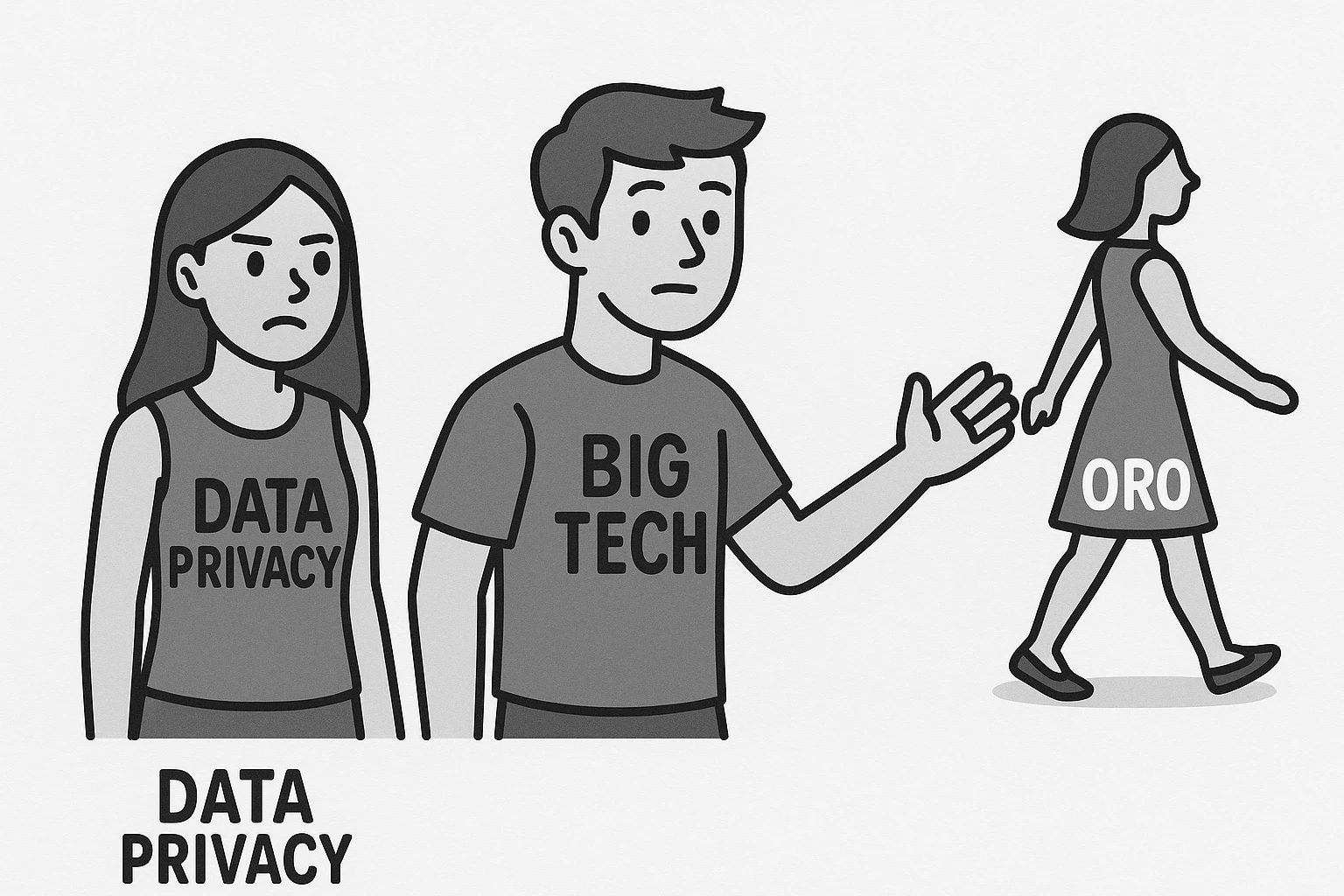 Distracted Boyfriend meme: A man looking back at a woman labeled 'Big Tech' while his girlfriend labeled 'Data Privacy' looks on disapprovingly. The man is reaching out for a figure labeled 'ORO' in the distance. emoji