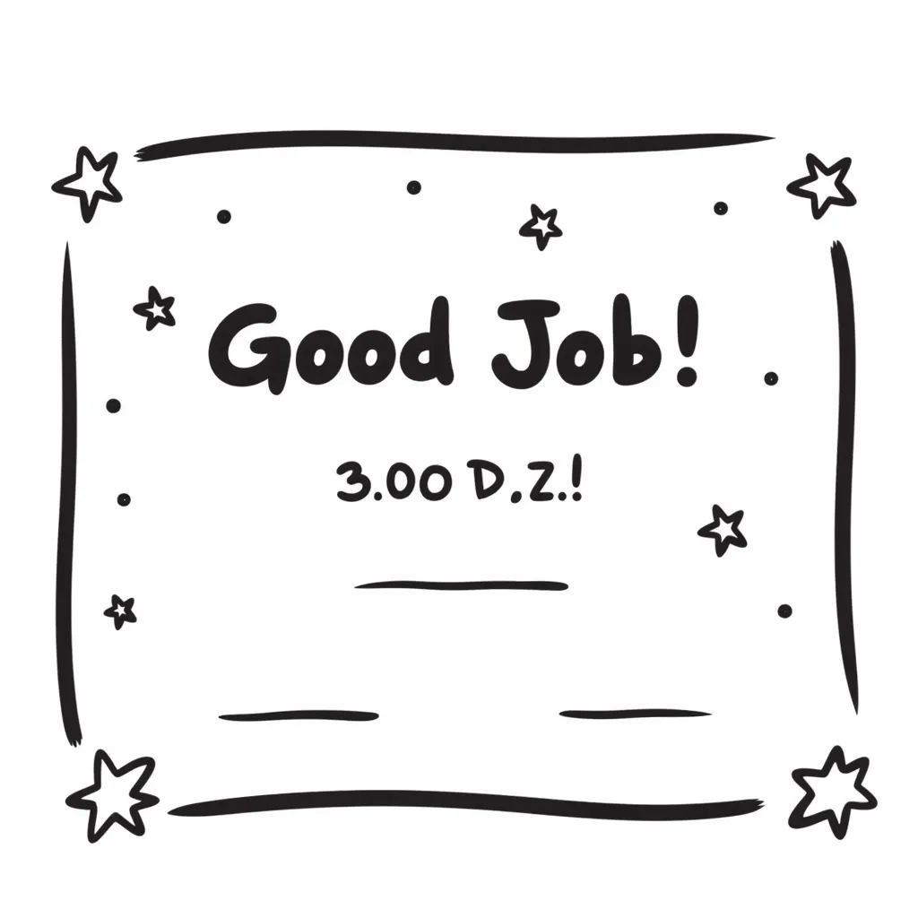 Certificate with decorative border, "Good Job!" text in the center, and stars scattered around the edges emoji