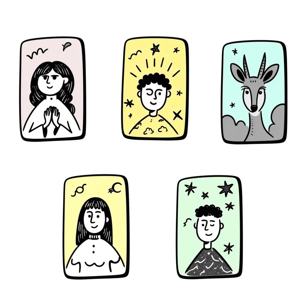 Tarot cards with mystical symbols in pastel colors (dd9fb0, ffc6d3, a3bfc9, c4bee2, f1b091), hand-drawn doodle style emoji