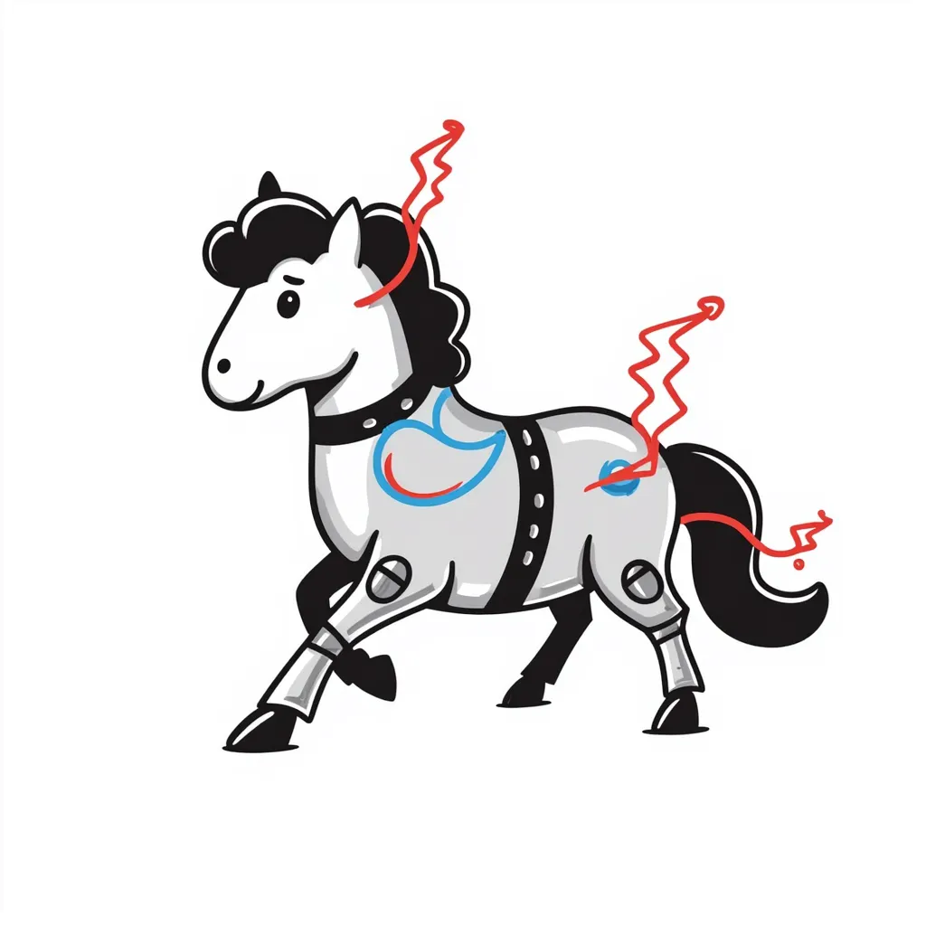 fast electric horse made of electricity, metal plates, bolts, visible blue and red wires, lightning coursing through its body, mechanical look emoji