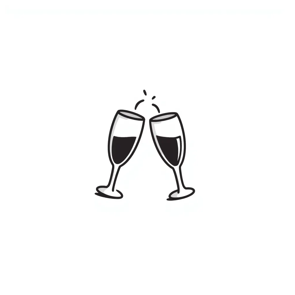 Two elegant wine glasses or champagne flutes clinking together in pastel colors (dd9fb0, ffc6d3, a3bfc9, c4bee2, f1b091), hand-drawn doodle style emoji