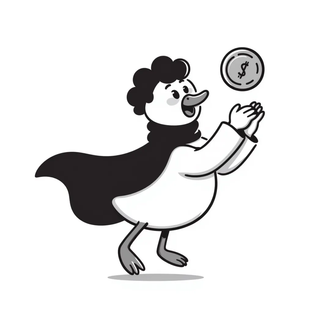 A cool duck in a mysterious black cloak flipping a silver coin emoji
