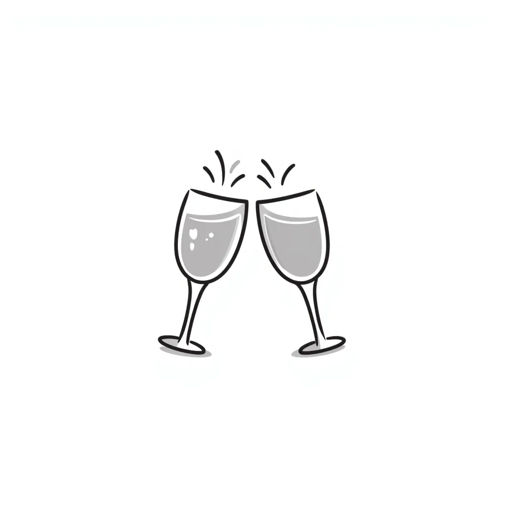 Two elegant wine glasses or champagne flutes clinking together in pastel colors (dd9fb0, ffc6d3, a3bfc9, c4bee2, f1b091), hand-drawn doodle style emoji