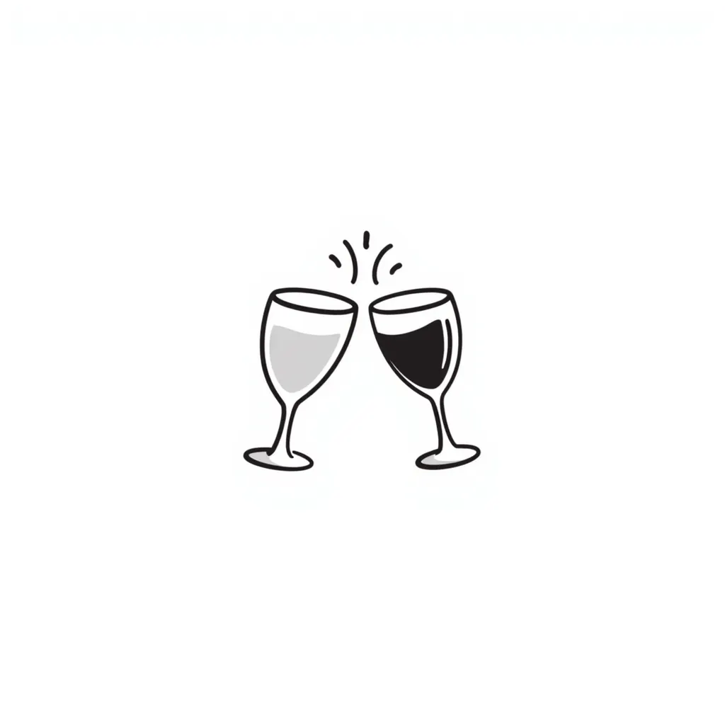 Two elegant wine glasses or champagne flutes clinking together in pastel colors (dd9fb0, ffc6d3, a3bfc9, c4bee2, f1b091), hand-drawn doodle style emoji