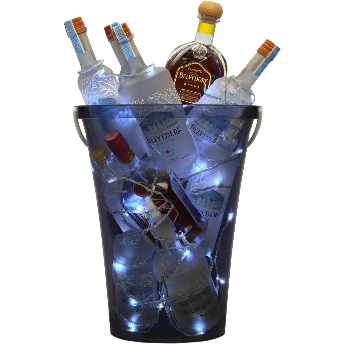 People regularly took pictures of the bottles piled high in buckets on the tables. Liquor bottles are likewise decorated with blinking flashlights. Bottles of Belvedere vodka and Patron tequila are lit from within the glass bottle with a dark light emoji