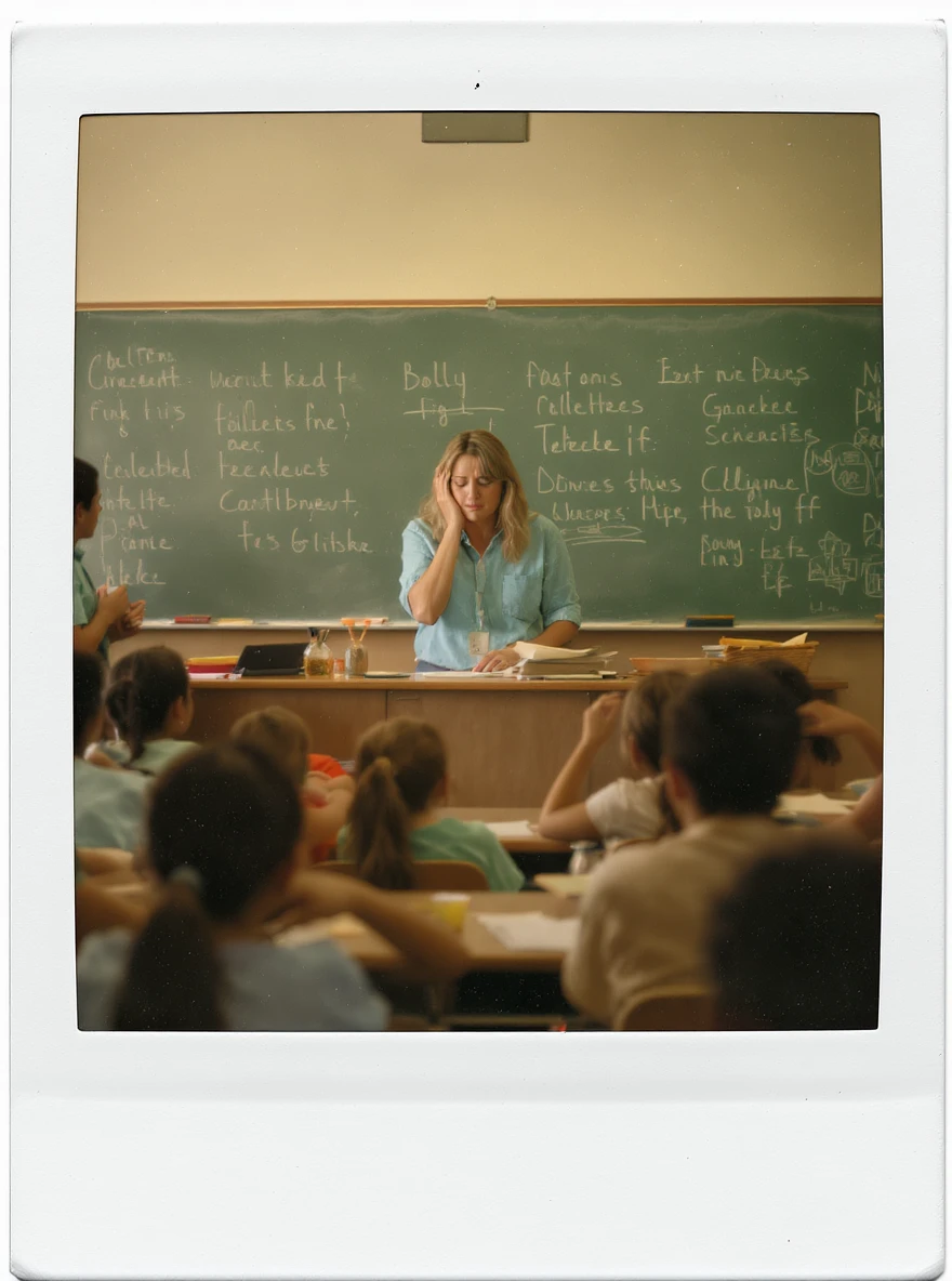 exhausted teacher in a bustling classroom emoji