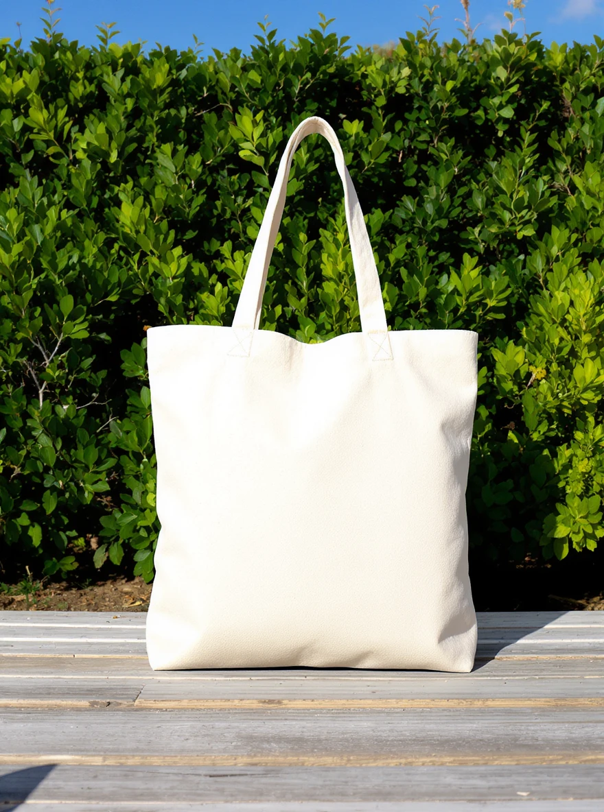 High-resolution mockup of a minimalist canvas tote bag, placed perfectly centered on the canvas. The tote bag is made of natural cotton fabric, light beige color, with a simple and elegant look. Background features a deep green organic bush, clean blue sky above, bright daylight, emoji