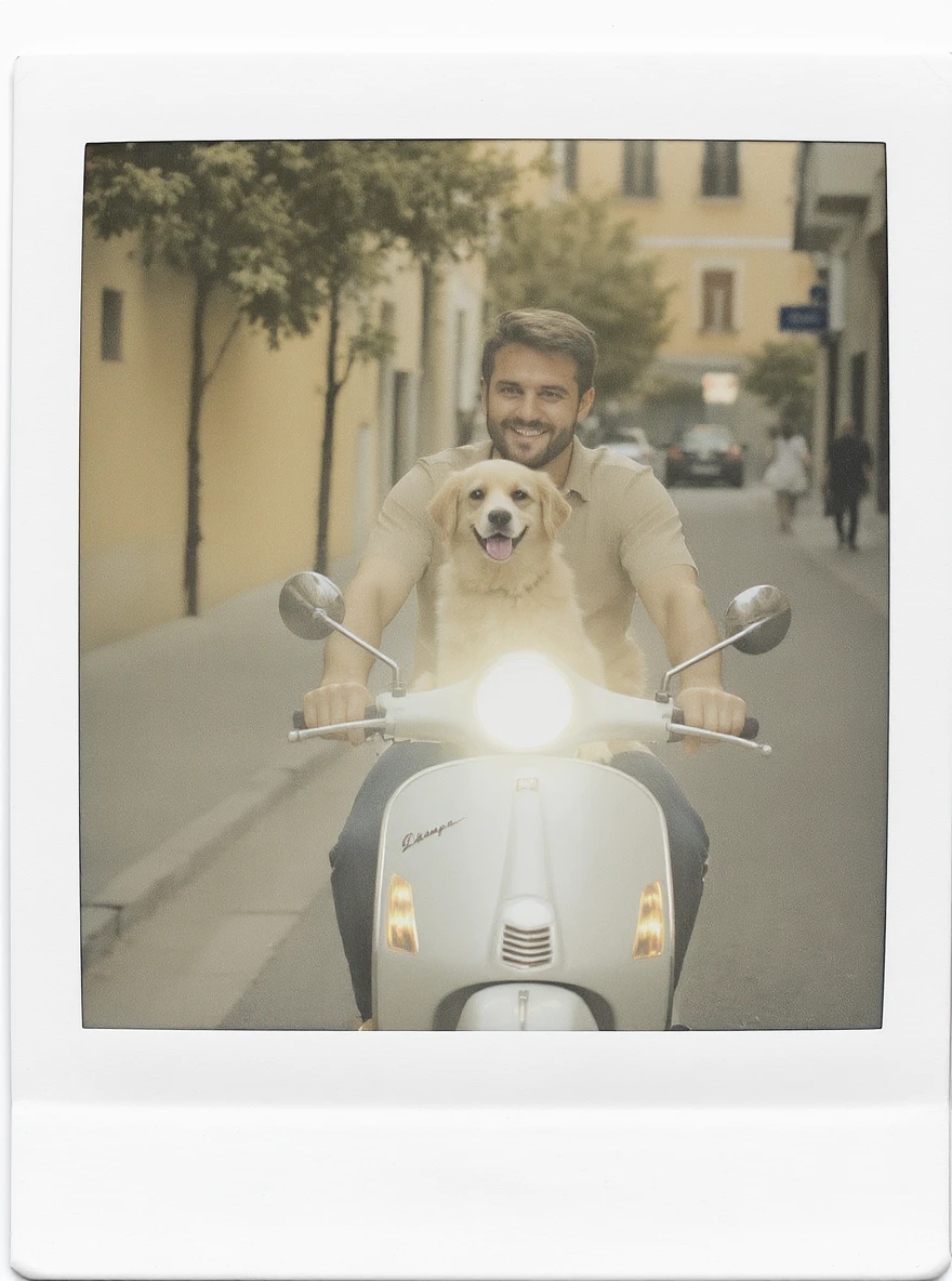 man and his pet dog riding a vespa emoji
