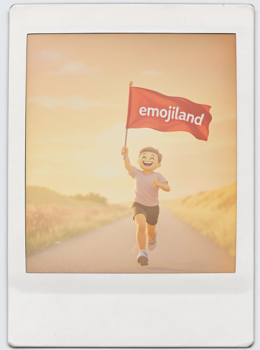 happy runner waving a flag that says 'emojiland' emoji