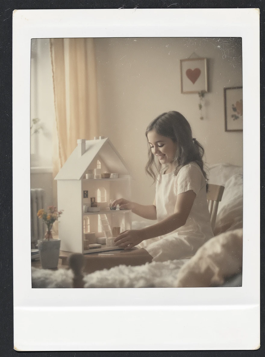 smiling girl arranging furniture in doll house emoji