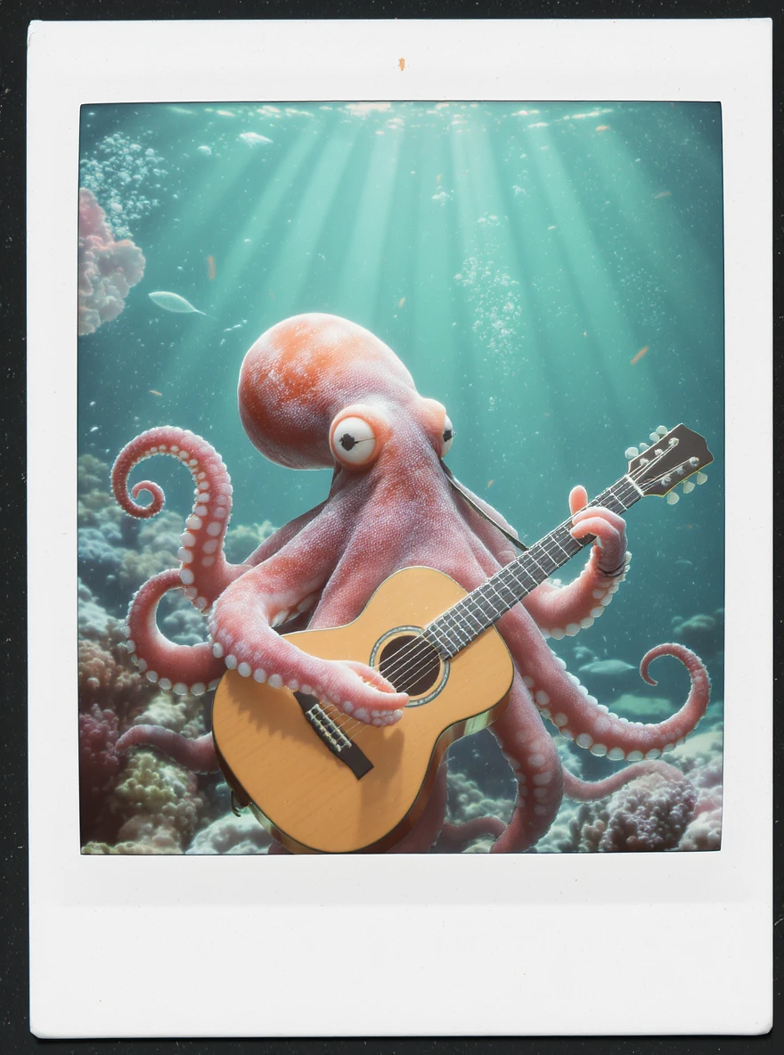happy octopus with multiple arms playing guitar emoji