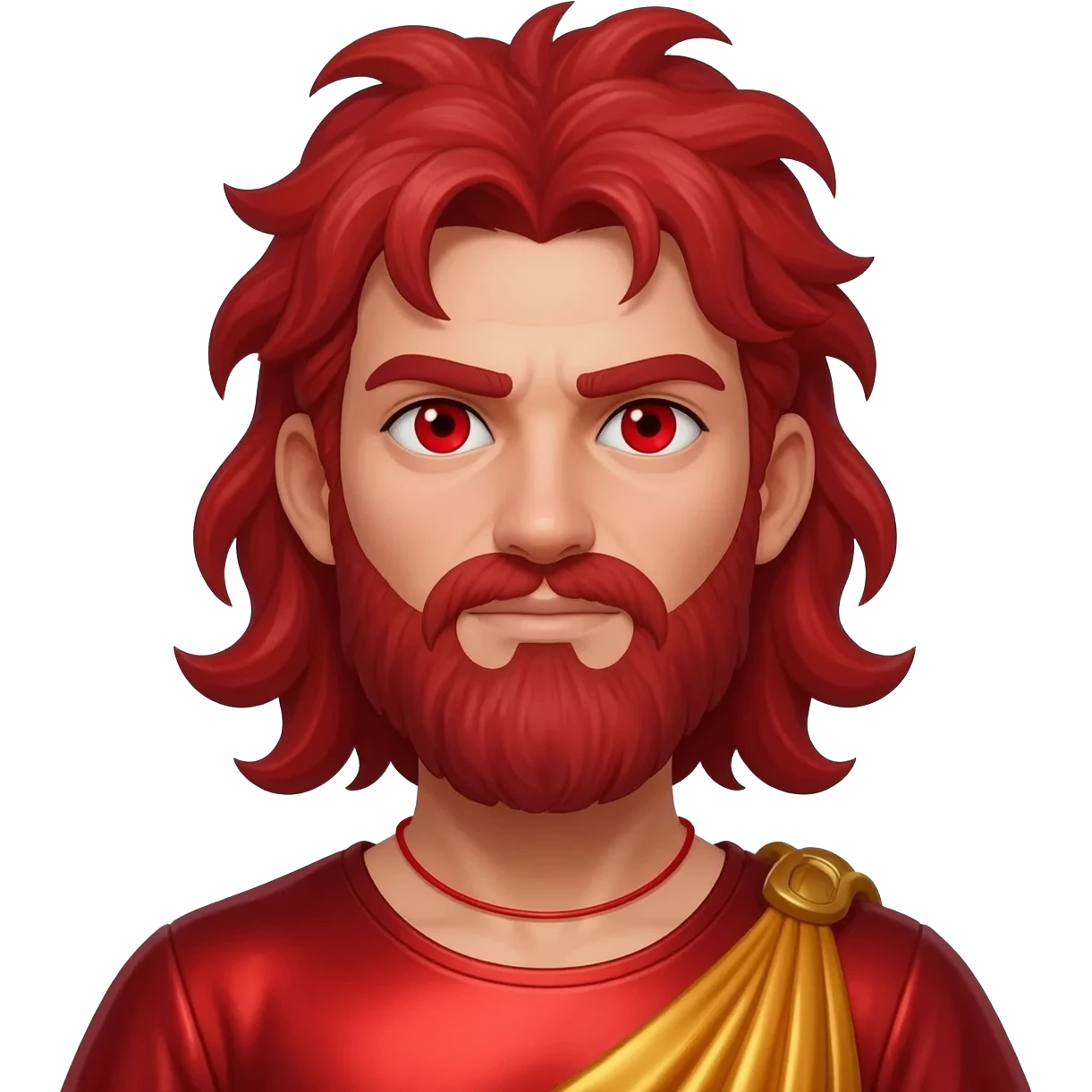 Hephaestus  from Greek Mythology with red eyes, red hair, red metallic shirt, burnt orange metallic baggy pants, red necklace emoji