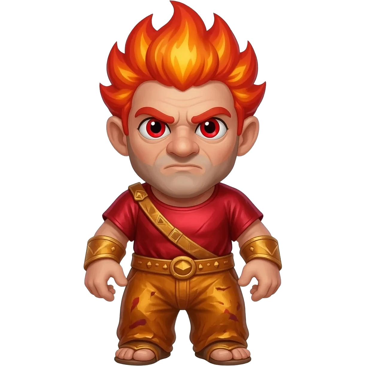 Hephaestus  from Greek Mythology with red eyes, red hair, red metallic shirt, burnt orange metallic baggy pants, red necklace emoji
