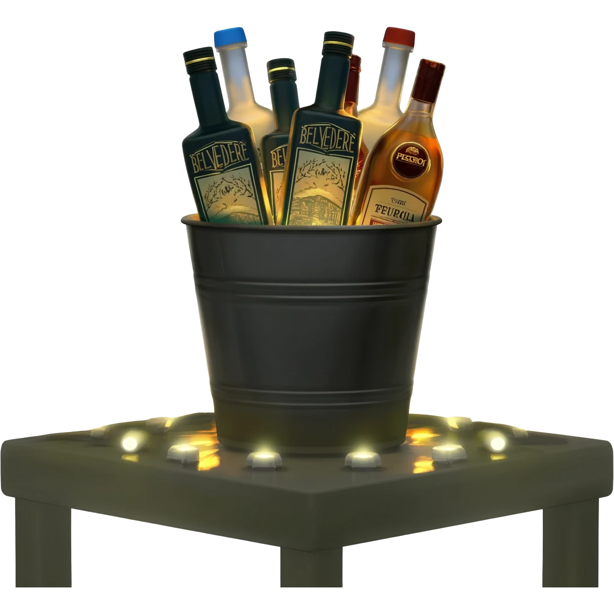 People regularly took pictures of the bottles piled high in buckets on the tables. Liquor bottles are likewise decorated with blinking flashlights. Bottles of Belvedere vodka and Patron tequila are lit from within the glass bottle with a dark light emoji