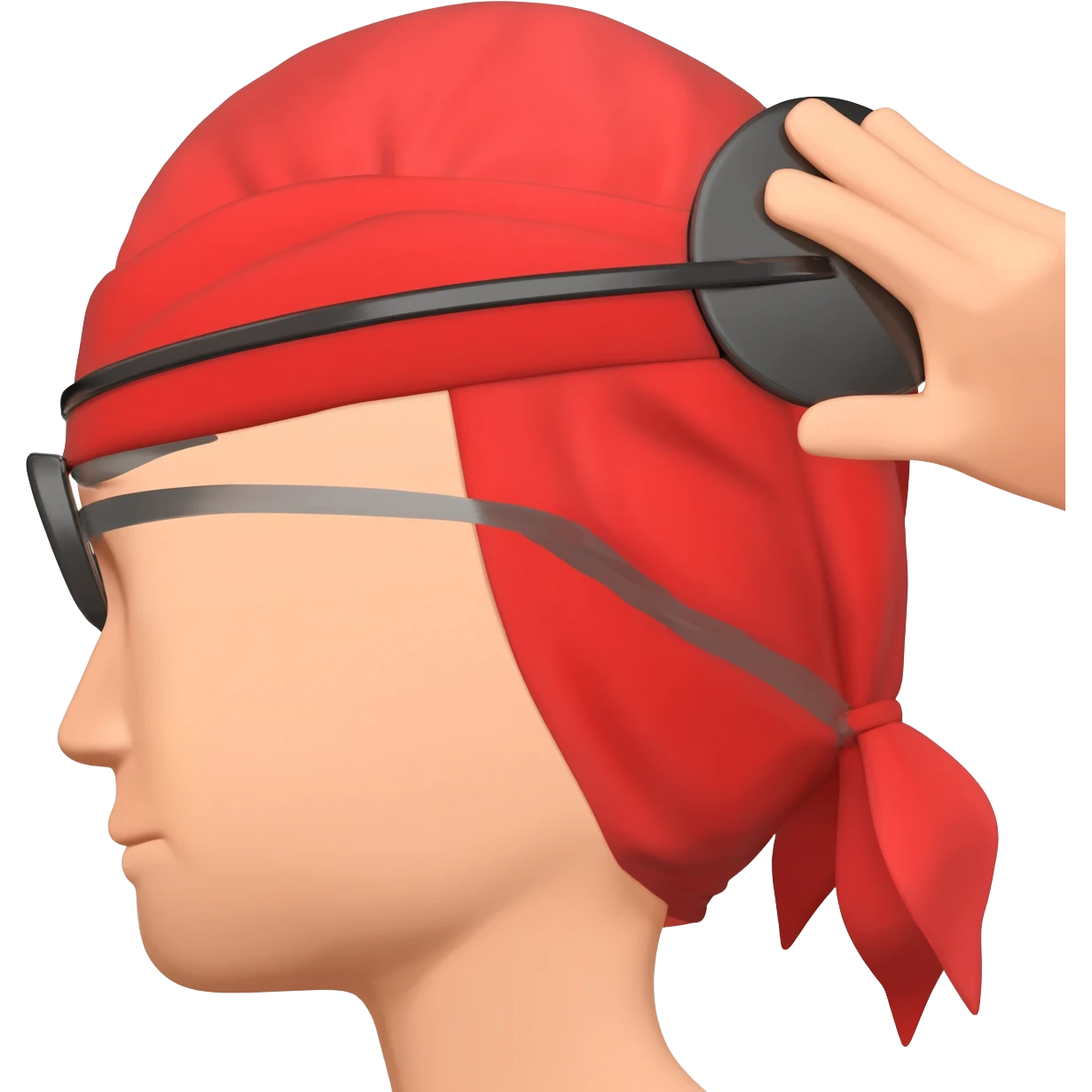赤い頭巾みたいなクーフィーヤとずれないように上から抑える黒い輪上のバンド(アガット) emoji